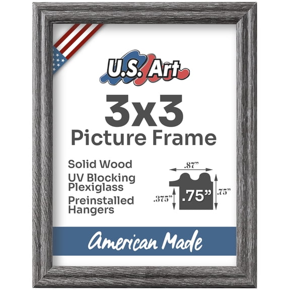 US Art Frames Barnwood Gray 3x3 Picture Frame .75" Wide - Preinstalled Hangers and UV Blocking Plexiglass, 100% USA Made