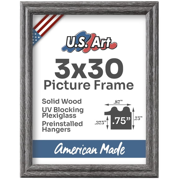US Art Frames Barnwood Gray 3x30 Picture Frame .75" Wide - Preinstalled Hangers and UV Blocking Plexiglass, 100% USA Made