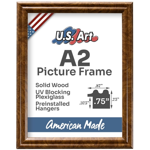 US Art Frames Brown Burl A2 Picture Frame .75" Wide - Preinstalled Hangers and UV Blocking Plexiglass, 100% USA Made