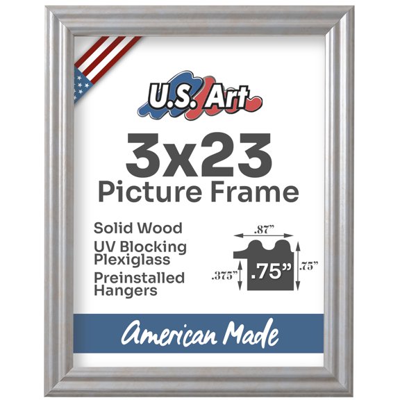 US Art Frames Cloud Silver 3x23 Picture Frame .75" Wide - Preinstalled Hangers and UV Blocking Plexiglass, 100% USA Made