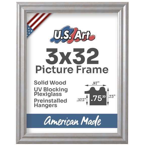 US Art Frames Cloud Silver 3x32 Picture Frame .75" Wide - Preinstalled Hangers and UV Blocking Plexiglass, 100% USA Made
