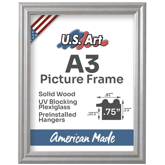 US Art Frames Cloud Silver A3 Picture Frame .75" Wide - Preinstalled Hangers and UV Blocking Plexiglass, 100% USA Made