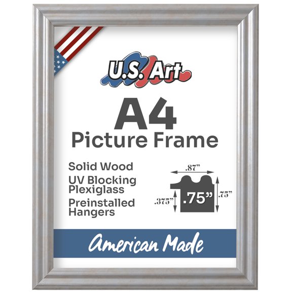 US Art Frames Cloud Silver A4 Picture Frame .75" Wide - Preinstalled Hangers and UV Blocking Plexiglass, 100% USA Made