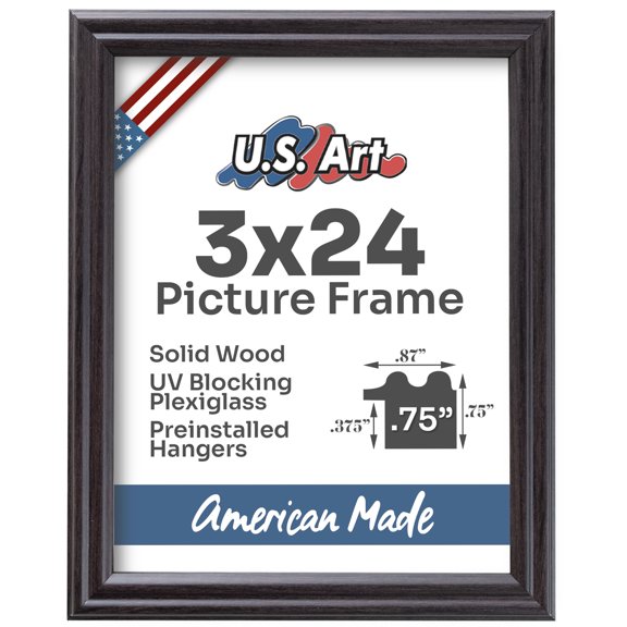 US Art Frames Coffee Brown 3x24 Picture Frame .75" Wide - Preinstalled Hangers and UV Blocking Plexiglass, 100% USA Made