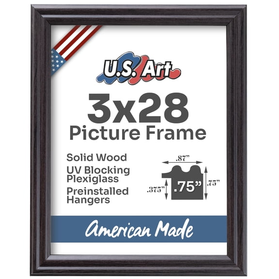 US Art Frames Coffee Brown 3x28 Picture Frame .75" Wide - Preinstalled Hangers and UV Blocking Plexiglass, 100% USA Made
