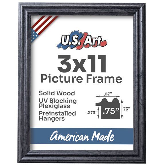 US Art Frames Distressed Gray 3x11 Picture Frame .75" Wide - Preinstalled Hangers and UV Blocking Plexiglass, 100% USA Made