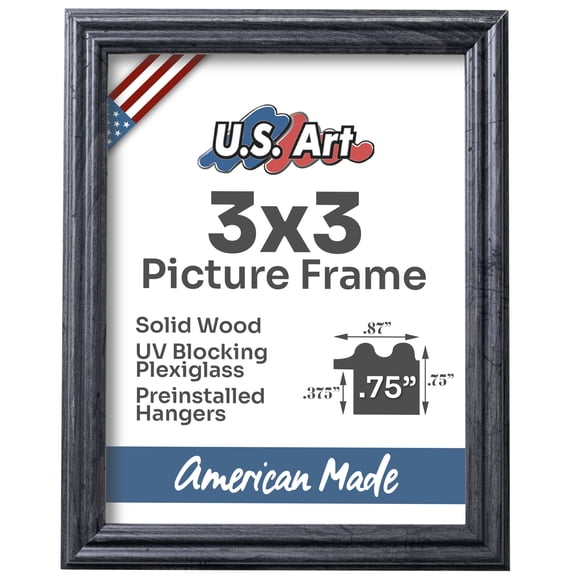 US Art Frames Distressed Gray 3x3 Picture Frame .75" Wide - Preinstalled Hangers and UV Blocking Plexiglass, 100% USA Made