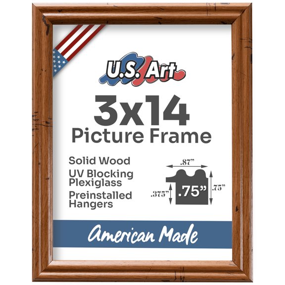 US Art Frames Distressed Oak 3x14 Picture Frame .75" Wide - Preinstalled Hangers and UV Blocking Plexiglass, 100% USA Made