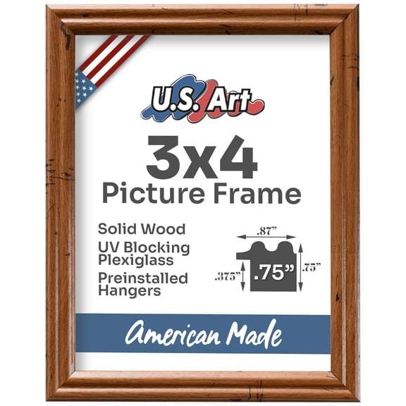 US Art Frames Distressed Oak 3x4 Picture Frame .75" Wide - Preinstalled Hangers and UV Blocking Plexiglass, 100% USA Made