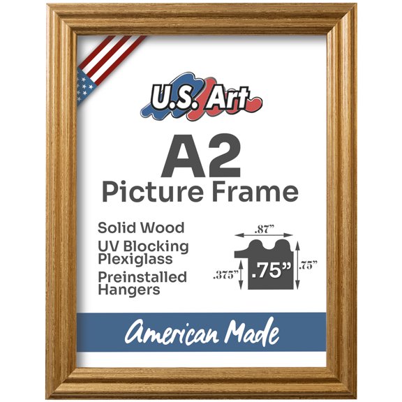 US Art Frames Honey Gold A2 Picture Frame .75" Wide - Preinstalled Hangers and UV Blocking Plexiglass, 100% USA Made