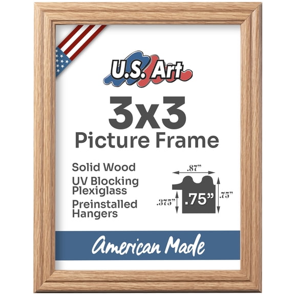 US Art Frames Oak 3x3 Picture Frame .75" Wide - Preinstalled Hangers and UV Blocking Plexiglass, 100% USA Made