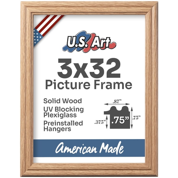 US Art Frames Oak 3x32 Picture Frame .75" Wide - Preinstalled Hangers and UV Blocking Plexiglass, 100% USA Made