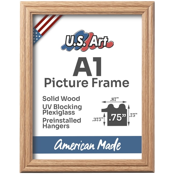 US Art Frames Oak A1 Picture Frame .75" Wide - Preinstalled Hangers and UV Blocking Plexiglass, 100% USA Made