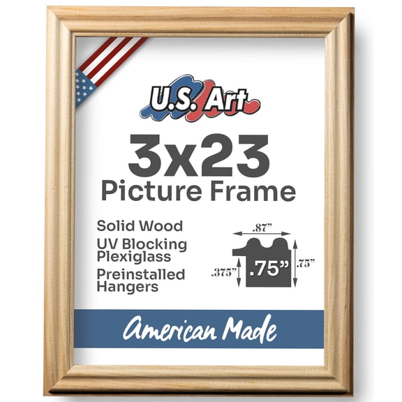 US Art Frames Raw Unfinished Natural 3x23 Picture Frame .75" Wide - Preinstalled Hangers and UV Blocking Plexiglass, 100% USA Made