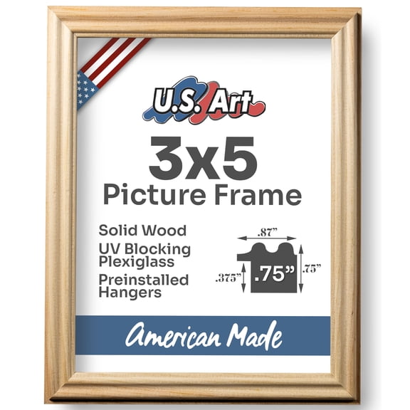 US Art Frames Raw Unfinished Natural 3x5 Picture Frame .75" Wide - Preinstalled Hangers and UV Blocking Plexiglass, 100% USA Made