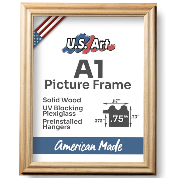 US Art Frames Raw Unfinished Natural A1 Picture Frame .75" Wide - Preinstalled Hangers and UV Blocking Plexiglass, 100% USA Made