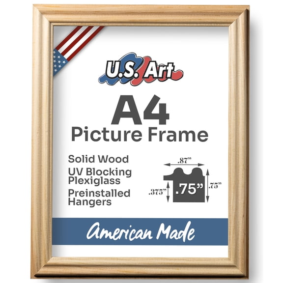 US Art Frames Raw Unfinished Natural A4 Picture Frame .75" Wide - Preinstalled Hangers and UV Blocking Plexiglass, 100% USA Made