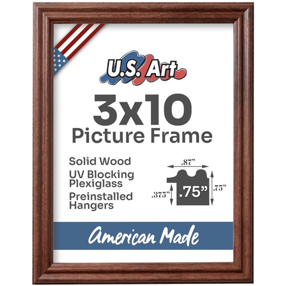 US Art Frames Walnut Brown 3x10 Picture Frame .75" Wide - Preinstalled Hangers and UV Blocking Plexiglass, 100% USA Made
