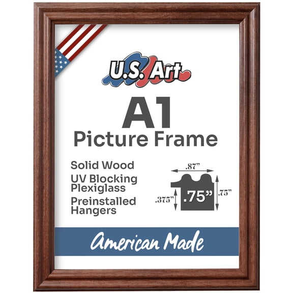 US Art Frames Walnut Brown A1 Picture Frame .75" Wide - Preinstalled Hangers and UV Blocking Plexiglass, 100% USA Made