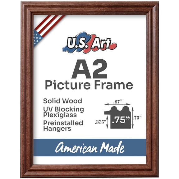 US Art Frames Walnut Brown A2 Picture Frame .75" Wide - Preinstalled Hangers and UV Blocking Plexiglass, 100% USA Made
