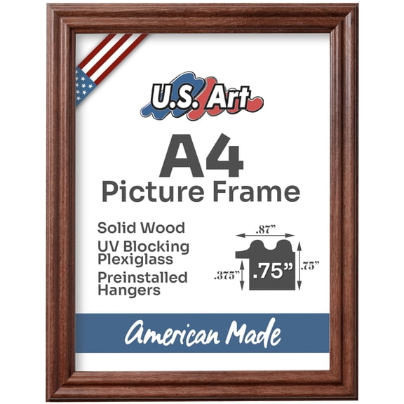 US Art Frames Walnut Brown A4 Picture Frame .75" Wide - Preinstalled Hangers and UV Blocking Plexiglass, 100% USA Made