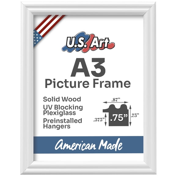 US Art Frames White A3 Picture Frame .75" Wide - Preinstalled Hangers and UV Blocking Plexiglass, 100% USA Made