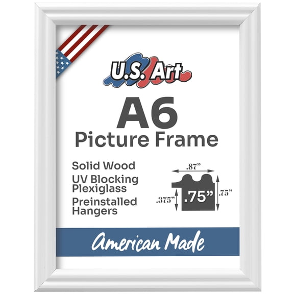 US Art Frames White A6 Picture Frame .75" Wide - Preinstalled Hangers and UV Blocking Plexiglass, 100% USA Made