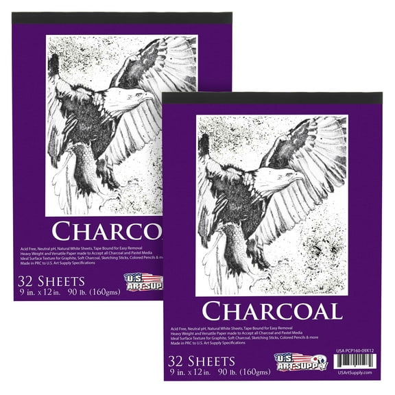 U.S. Art Supply 9 in. x 12 in. Premium Heavy-Weight Charcoal Paper Pad, 160gsm, 90 Pound, 30 Sheets (Pack of 2)