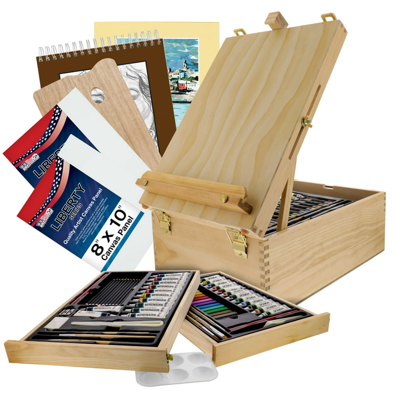 U.S. Art Supply 95 Piece Wood Box Easel Painting Set - Oil, Acrylic, Watercolor