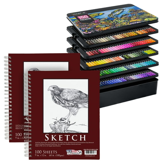 US Art Supply Master 150 Colored Pencil Set with 2 Left-Hand 9” x 12” Sketch Pads, 60 Pages