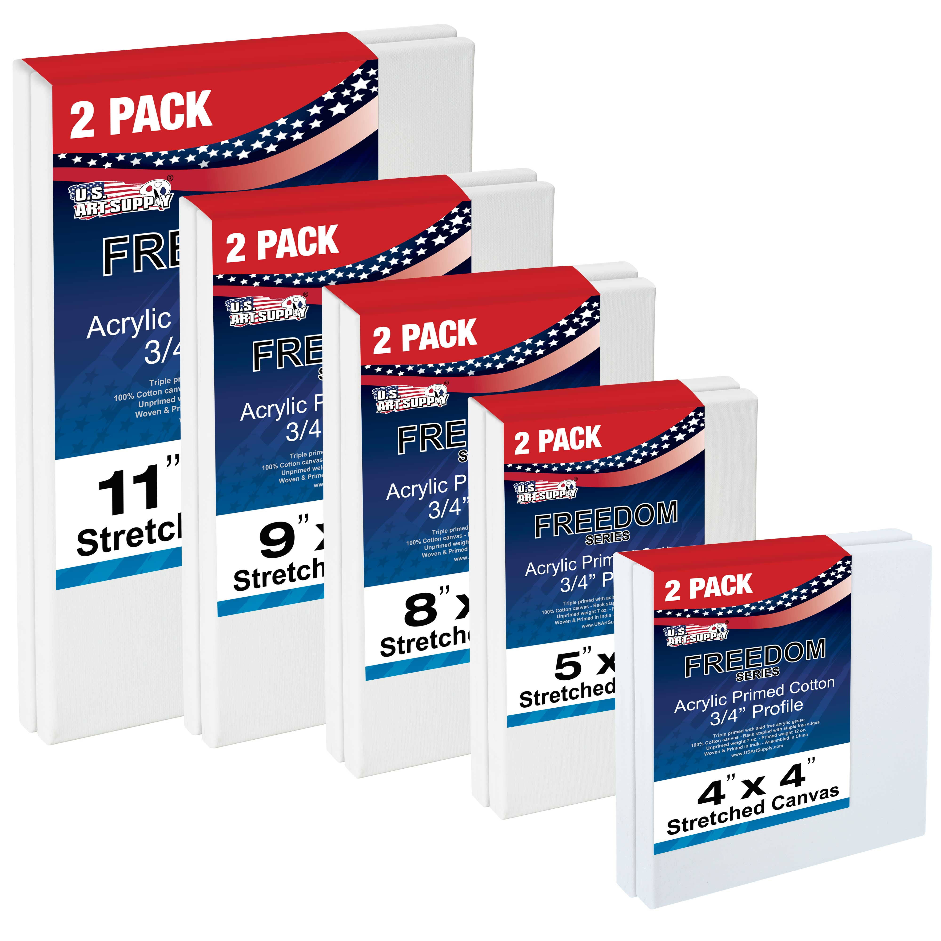 US Art Supply Multi-pack 2-Ea of 4x4, 5x7, 8x10, 9x12, 11x14 - Professional  Quality SMALL 12-oz Stretched Canvas
