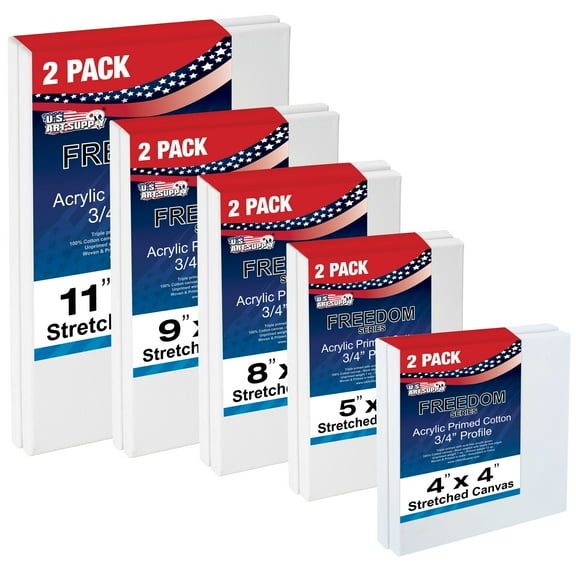 U.S. Art Supply Multi-pack 2-Ea of 4x4, 5x7, 8x10, 9x12, 11x14 - Professional Quality SMALL 12-oz Stretched Canvas