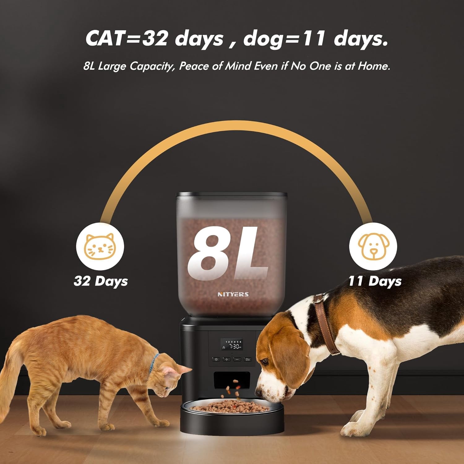 Automatic Cat Dog Feeder 8L Large Capacity with LCD Screen, Timed Dispenser for Dry Food, Stainless Steel Bowl, Voice Recording, Dual Power Supply