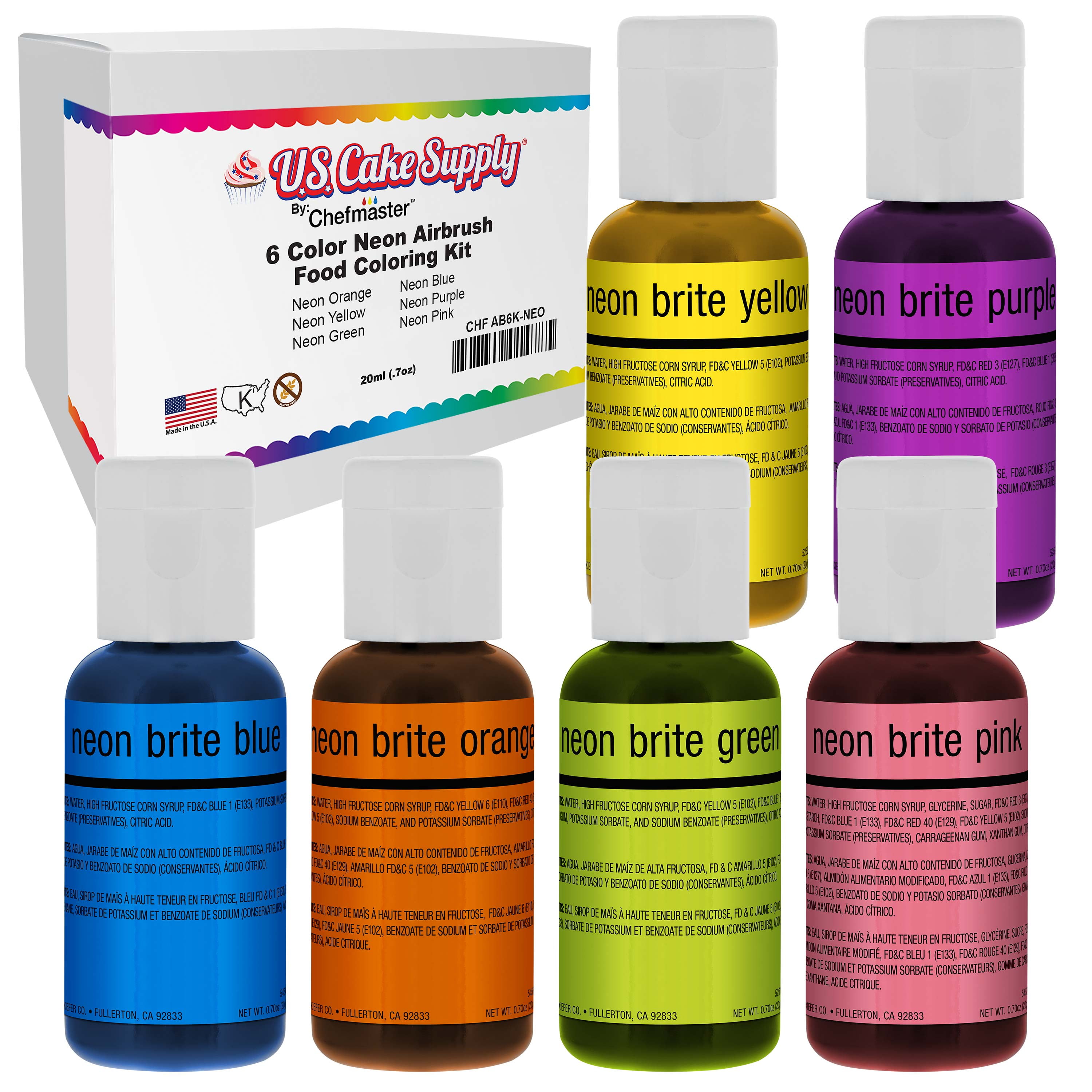 US Cake Supply by Chefmaster Airbrush Cake Neon Color Set in 0.7 fl. oz