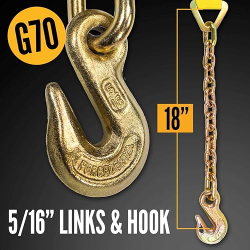 US Cargo Control Chain Ratchet Straps 2 Inch x 27 Foot (2-Pack), 10,000 LBS Break Strength, Heavy Duty Ratchet Straps with Chains Ends & Grab Hooks, Heavy Equipment Tie-Downs, Trac