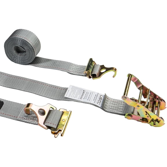 US Cargo Control Dual-End E Track Straps for Van Trailer, 2 in x 16 ft Gray E Track Ratchet Straps with F-Track Hooks and Spring E-Fittings, 733 lbs. Working Load Limit, Logistic Tiedowns