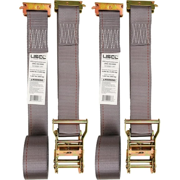 US Cargo Control E-Track Ratchet Straps (2-Pack), 4,400 LBS Break Strength, 2 Inch x 16 Foot Heavy Duty Gray E-Track Straps with 4 Foot Fixed End and Spring E-Fittings, Logistic Tiedowns