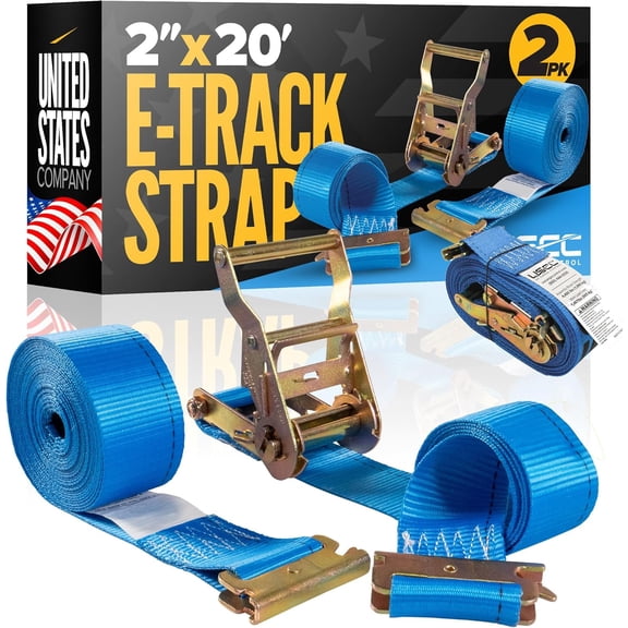 US Cargo Control E-Track Ratchet Straps (2-Pack), 4,400 LBS Break Strength, 2 Inch x 20 Foot Heavy Duty Blue E-Track Straps with 4 Foot Fixed End and Spring E-Fittings, Logistic Tiedowns