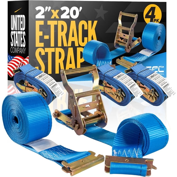 US Cargo Control E-Track Ratchet Straps (4-Pack), 4,400 LBS Break Strength, 2 Inch x 20 Foot Heavy Duty Blue E-Track Straps with 4 Foot Fixed End and Spring E-Fittings, Logistic Tiedowns