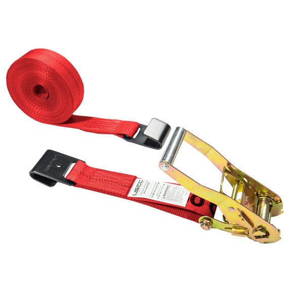 US Cargo Control Flat Hook Ratchet Strap 2 Inch X 30 Foot, 10,000 LBS Break Strength, Red Heavy Duty Ratchet Straps with Black Flat Hooks, Tie Downs for Flatbed Trailer