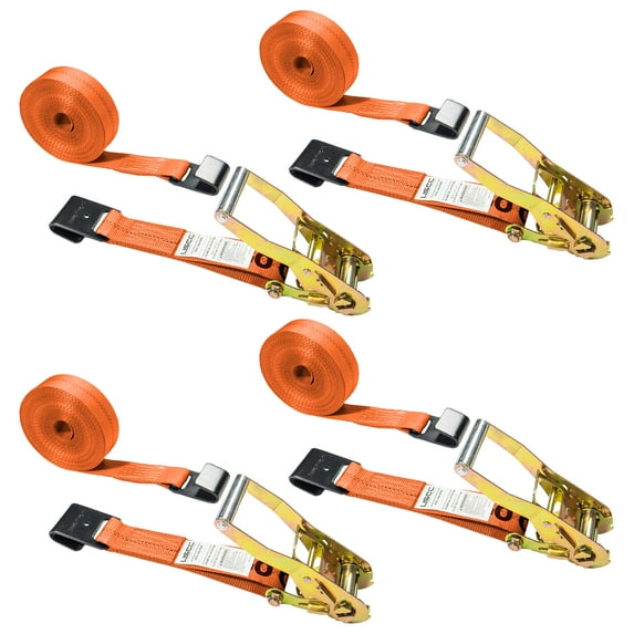 US Cargo Control, Flat Hook Ratchet Strap, Ratchet Tie Down, 2 Inch Wide X 27 Foot Long, Orange Ratchet Strap, Black Flat Hook, Weather Resistant Strap, 3,333 Pound Working Load Limit, 4 Pack