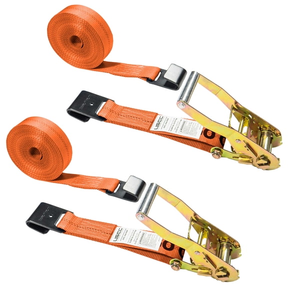 US Cargo Control, Flat Hook Ratchet Strap, Ratchet Tie Down, 2 Inch Wide X 27 Foot Long, Orange Ratchet Strap, Black Flat Hook, Weather Resistant Strap, 3,333 Pound Working Load Limit, 2 Pack