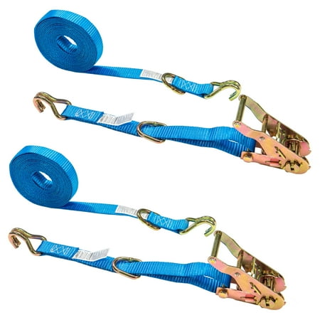US Cargo Control, Ratchet Strap Tie Downs, J Hook End Fittings With Floating D Ring, 1 Inch Wide X 10 Foot Long, Dependable Cargo Securement, Blue Ratcheting Cargo Tie Down J Hook Straps, 2 Pack
