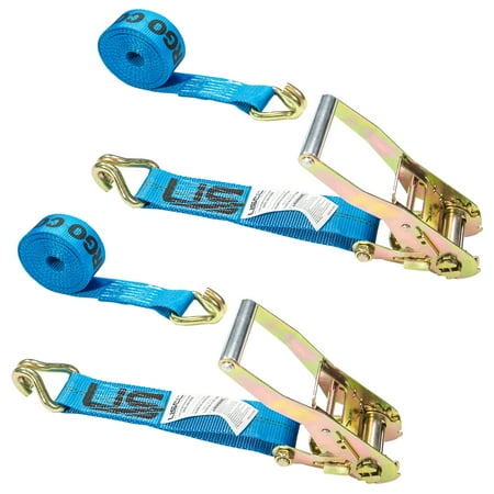 US Cargo Control Ratchet Straps, 2 Inch x 18 Foot Ratchet Straps With Double J Hooks, 18 Foot Tiedowns, Blue Ratchet Straps, Double J Hook Ratchet Straps, Secure Cargo with Ease, 2 Pack