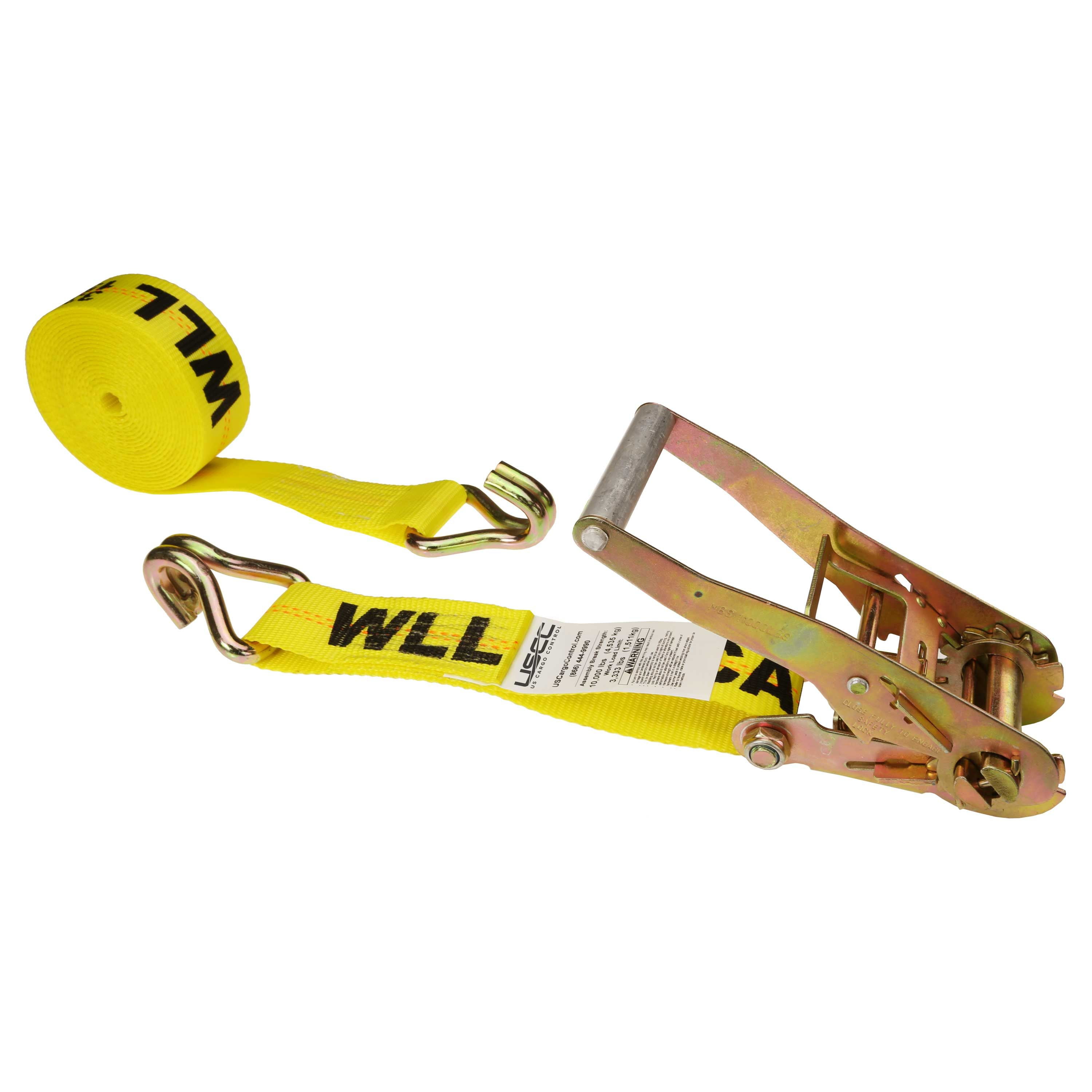US Cargo Control 2 Inch Wide x 24 Foot Long Ratchet Strap With Wire Hooks, Yellow Tiedown Strap With Double J Hooks, Secure Cargo With Ease