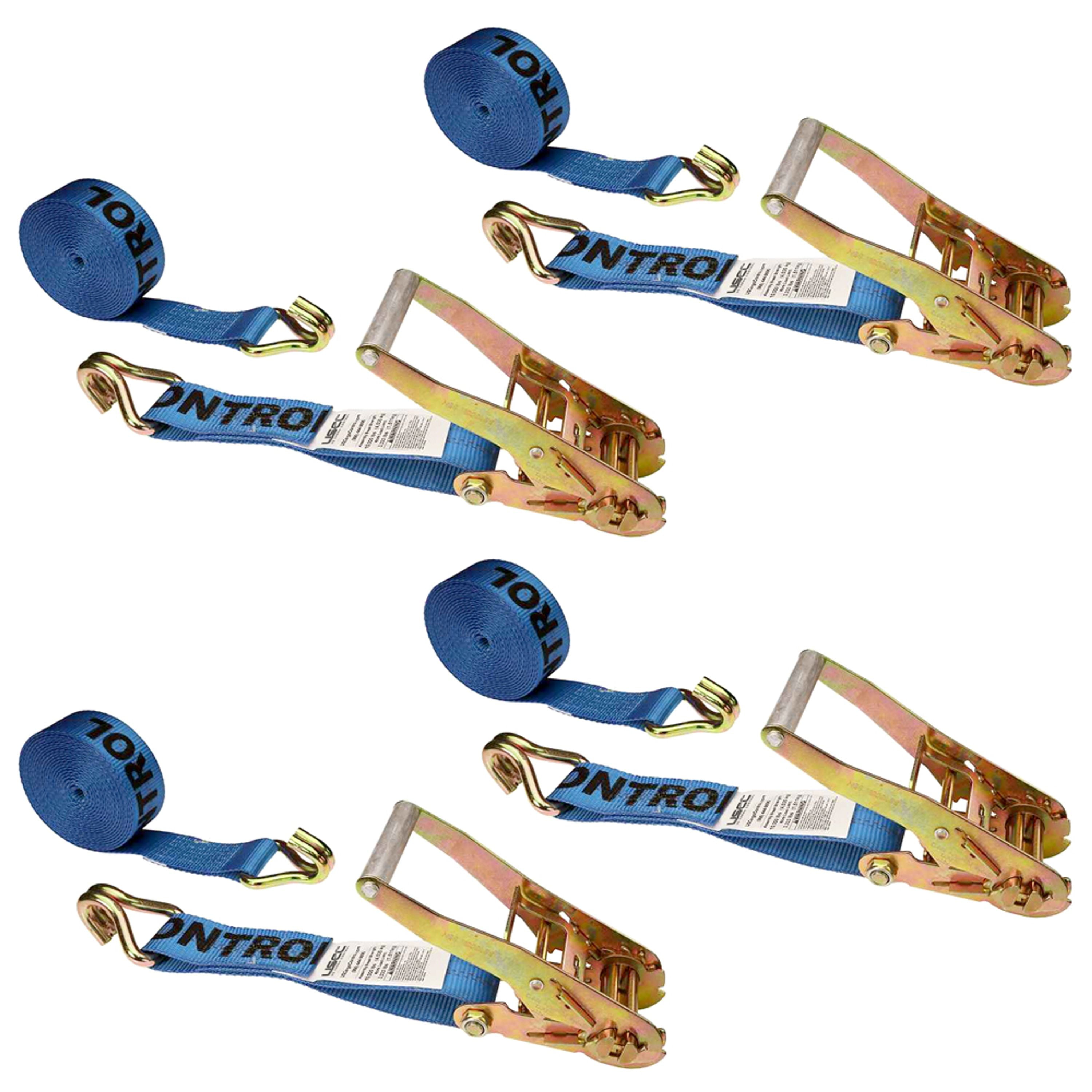 US Cargo Control Ratchet Straps, 2 Inch x 24 Foot Ratchet Straps, 2 Inch Ratchet Straps, Blue Ratchet Straps, Wire Hook Ratchet Straps, Tiedown Straps With Double J Hooks, 4 Pack
