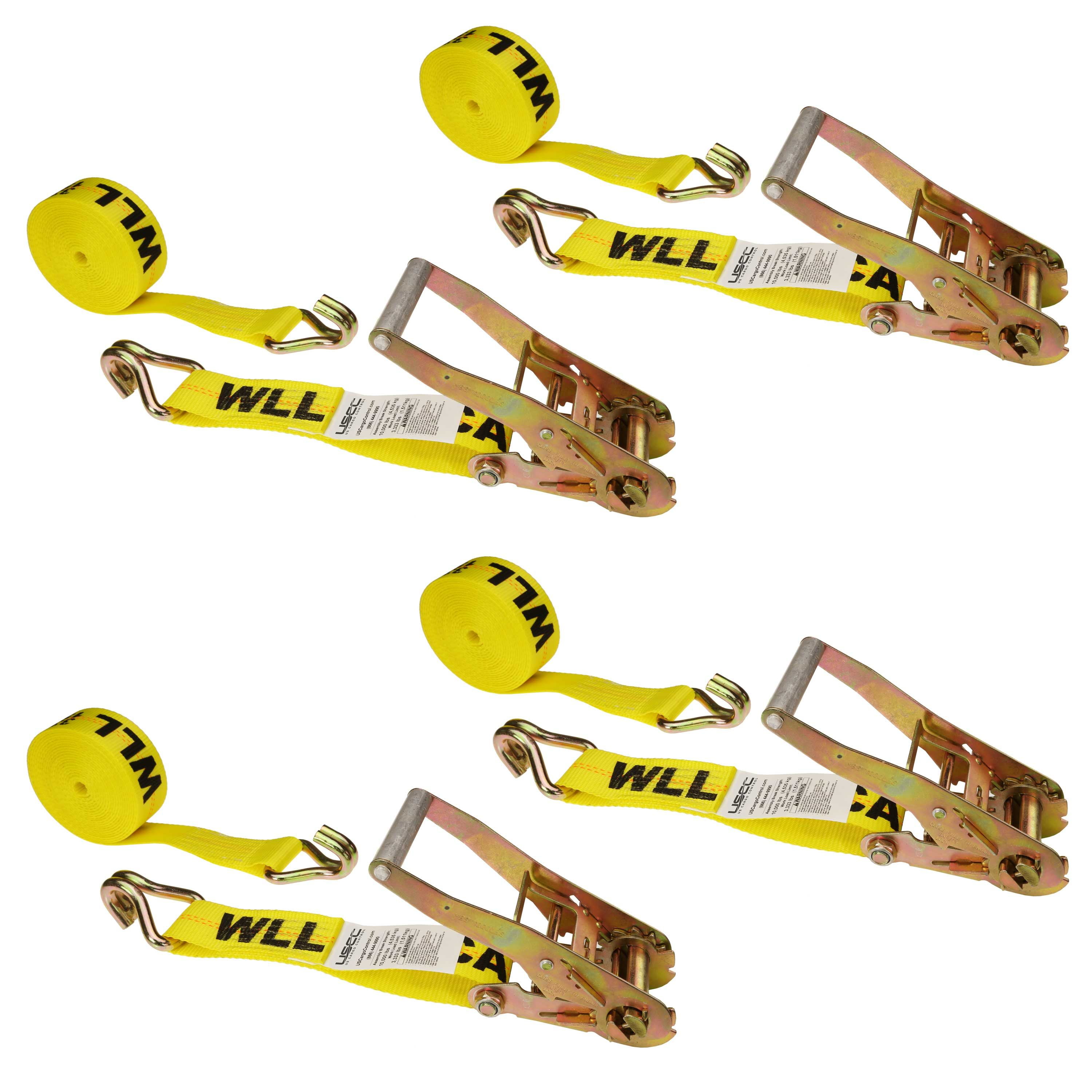 US Cargo Control Ratchet Straps, 2 Inch x 24 Foot Ratchet Straps, 2 Inch Ratchet Straps, Yellow Ratchet Straps, Wire Hook Ratchet Straps, Tiedown Straps With Double J Hooks, 4 Pack