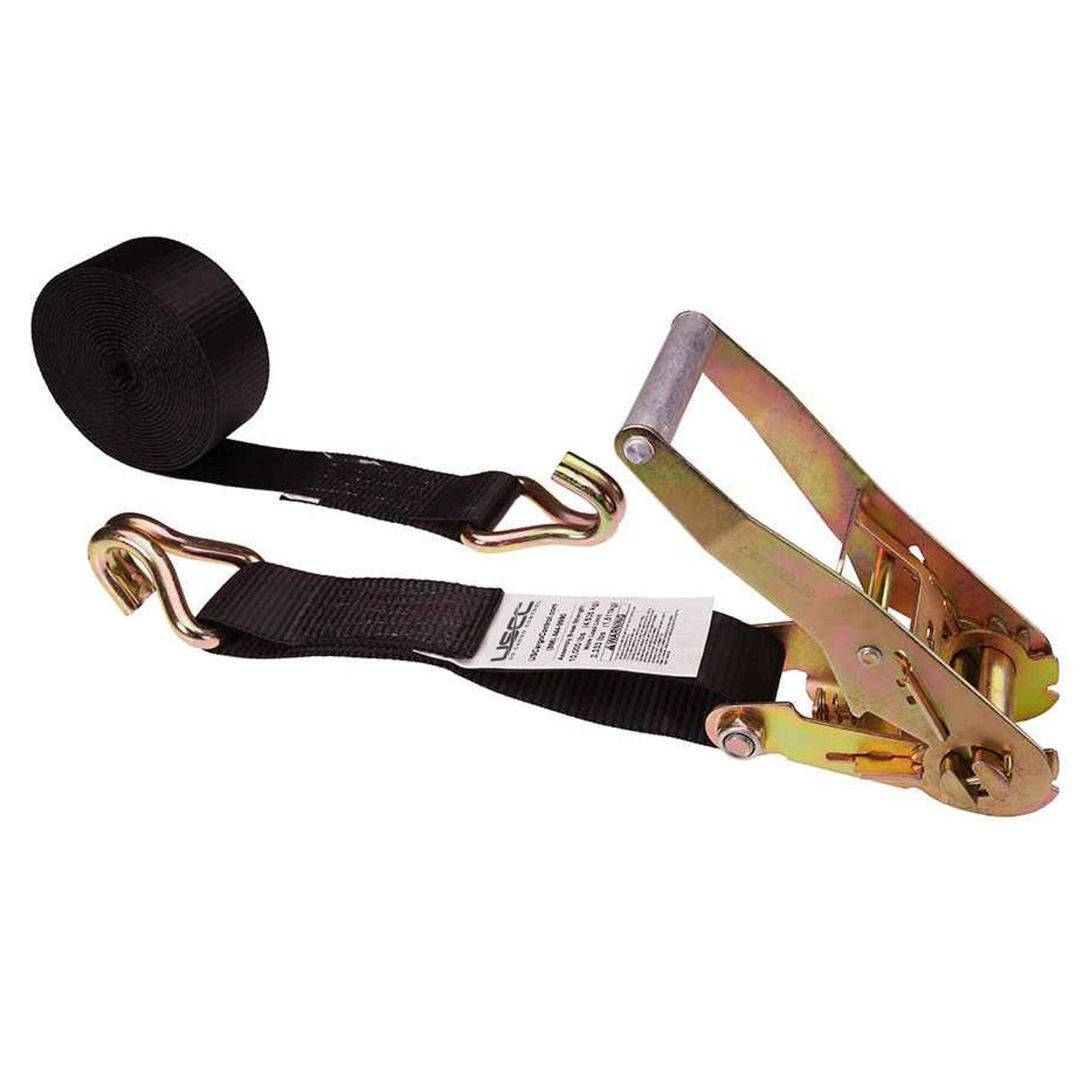 US Cargo Control Ratchet Straps, 2 Inch x 24 Foot Ratchet Strap, 2 Inch Ratchet Strap, Black Ratchet Strap, Wire Hook Ratchet Strap, Tiedown Strap With Double J Hooks, Secure Cargo With Ease