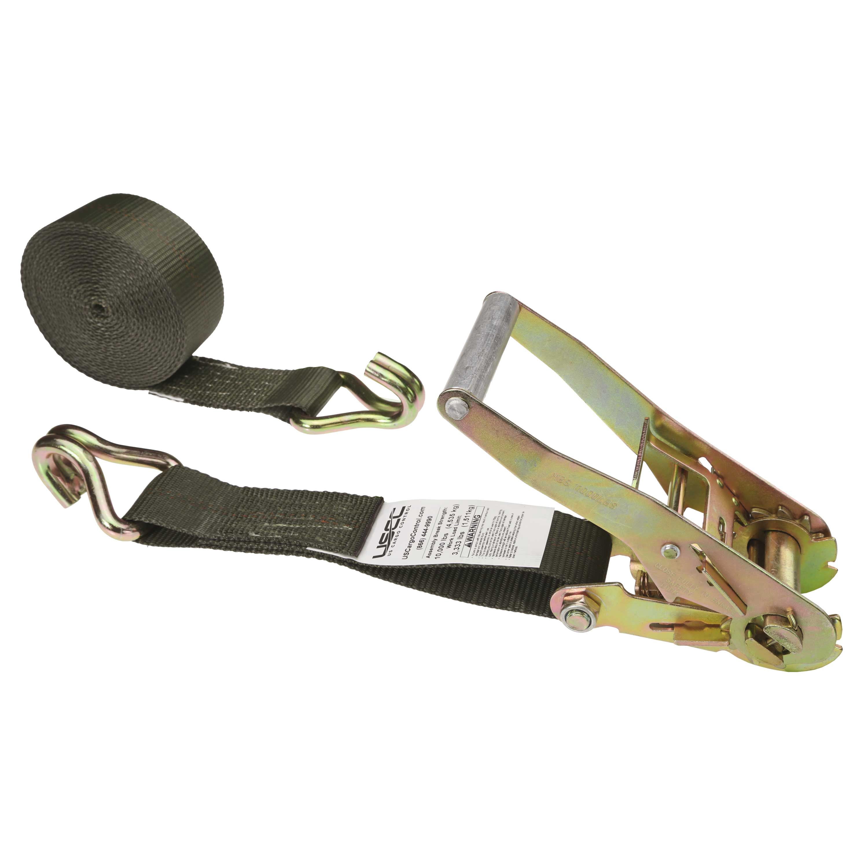 US Cargo Control Ratchet Straps, 2 Inch x 27 Foot Ratchet Strap, 2 Inch Ratchet Strap, Olive Ratchet Strap, Wire Hook Ratchet Strap, Tiedown Strap With Double J Hooks, Dependable Cargo Strap