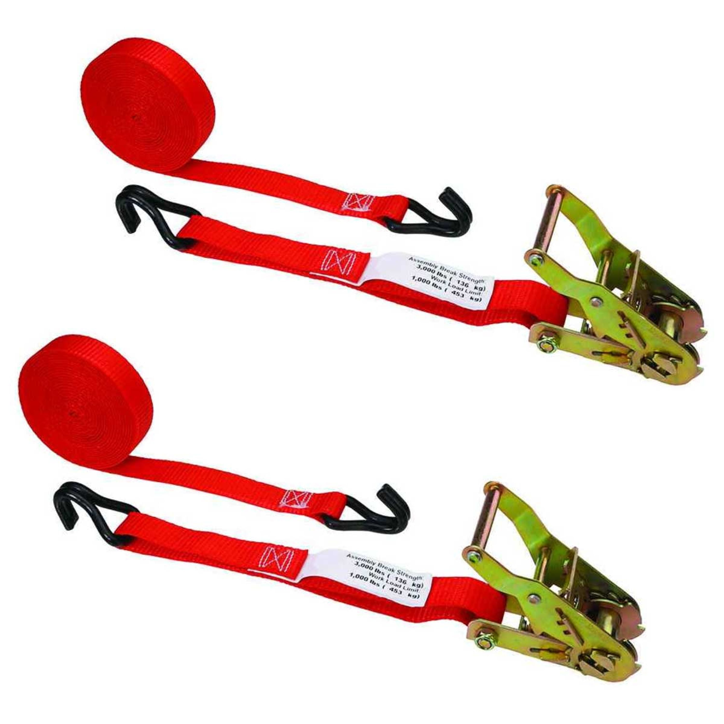 US Cargo Control Ratchet Tie Down, 1 Inch x 20 Foot Ratchet Strap with Vinyl Coated Wire J Hook,  Red Tie Down Straps, Secure Cargo Easily, Dependable Strap and Hook for Securing Cargo, 2 Pack